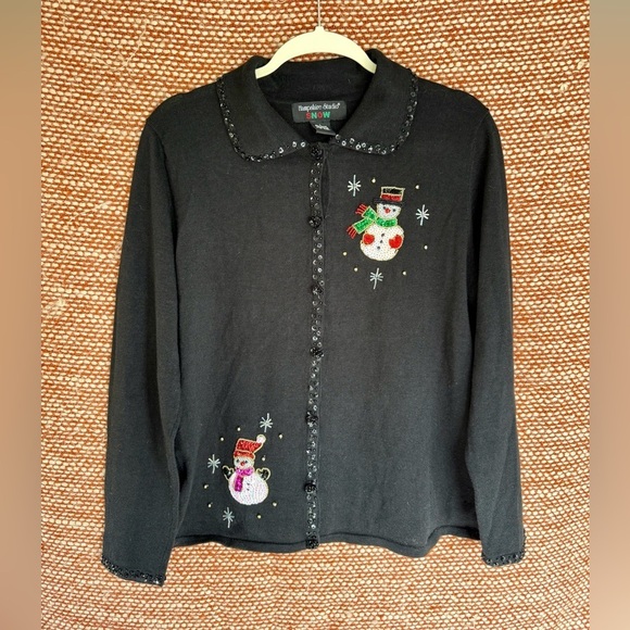 Hampshire Studio Snow Sweaters - Vintage Black Christmas Sequin and beaded Cardigan.